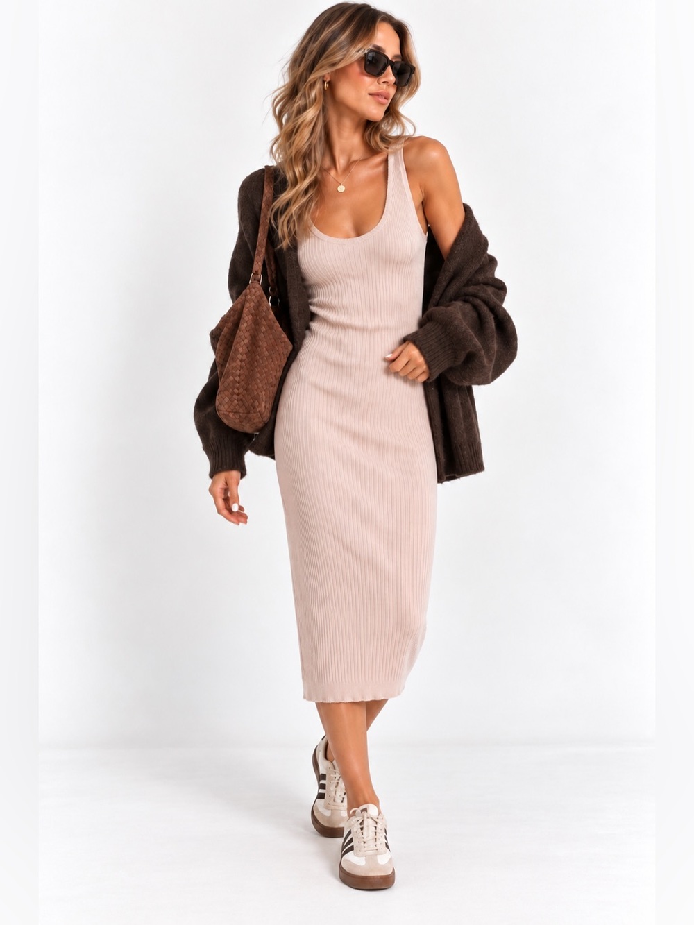 Emma Knudsen cotton stretch ribbed knit tank midi dress light pink peach XS
